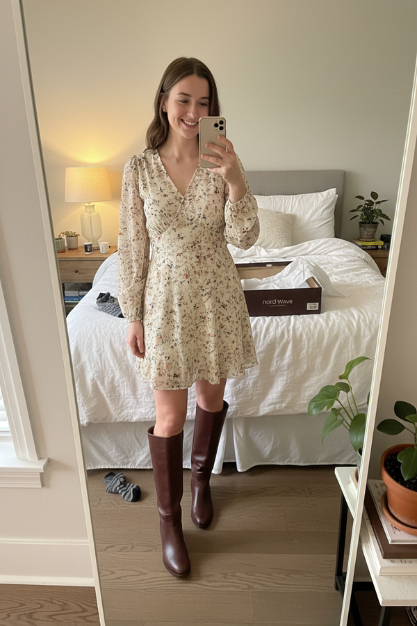 Women Mirror Selfie Dress Knee-High Boots