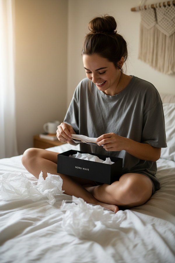 Women Unboxing Gold Frame Sunglasses Bed